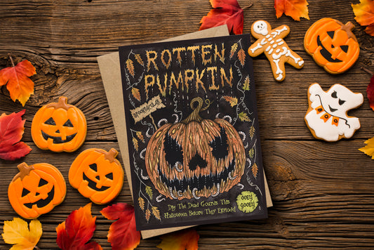 Rotten Pumpkin Greetings Card & Envelope - Spooky Halloween Horror Jack O Lantern Illustrated Card - Dark Gothic Grunge Samhain Card