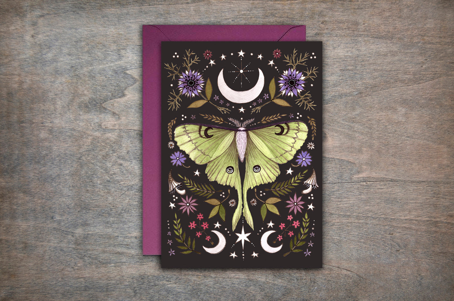 Luna Moth Greetings Card & Envelope - Floral Botanical Moon Moth Celestial Card - Goth Pagan Green Witch Card - Cottagecore Hedgewitch Gift